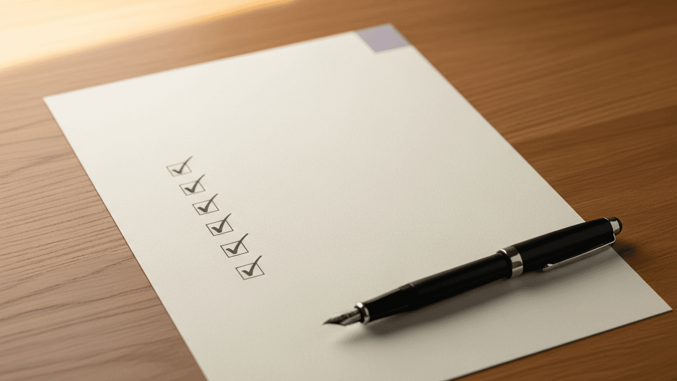 A blank stationery sheet on a warm oak desk with six hand-drawn green check marks down the left margin — every TCR field validated before submission