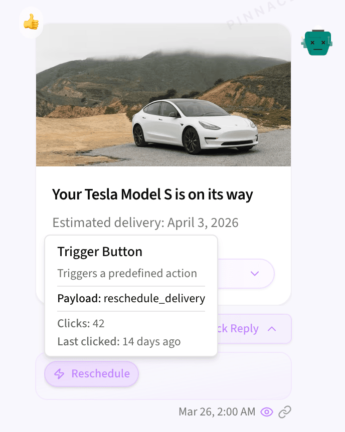 A rich card delivered via RCS with a "Reschedule" trigger button. The conversation view shows the per-message click count (42), the last click timestamp (14 days ago), and the payload — all inline, no engineering ticket required.