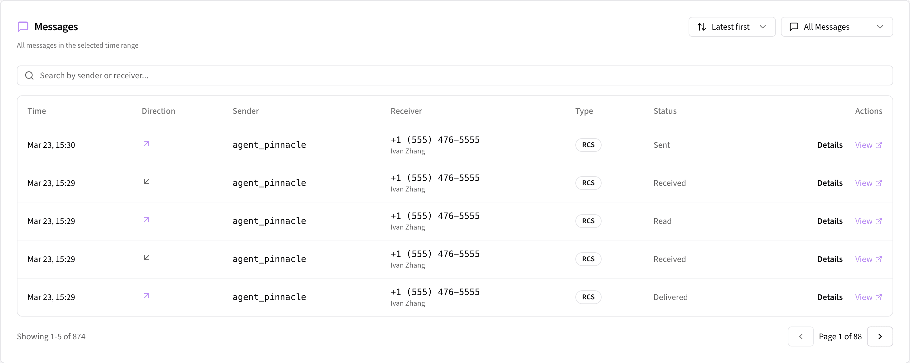 Every message logged with status, type, and one-click access to the full conversation.