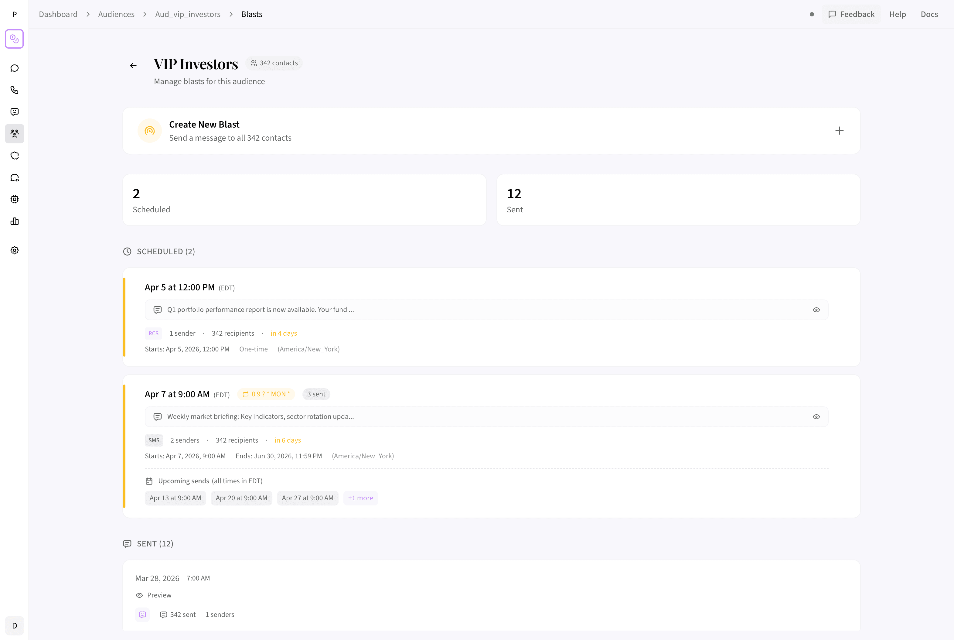 Audiences, blasts, and scheduling for SMS, MMS, and RCS — Attentive covers promotional SMS only.