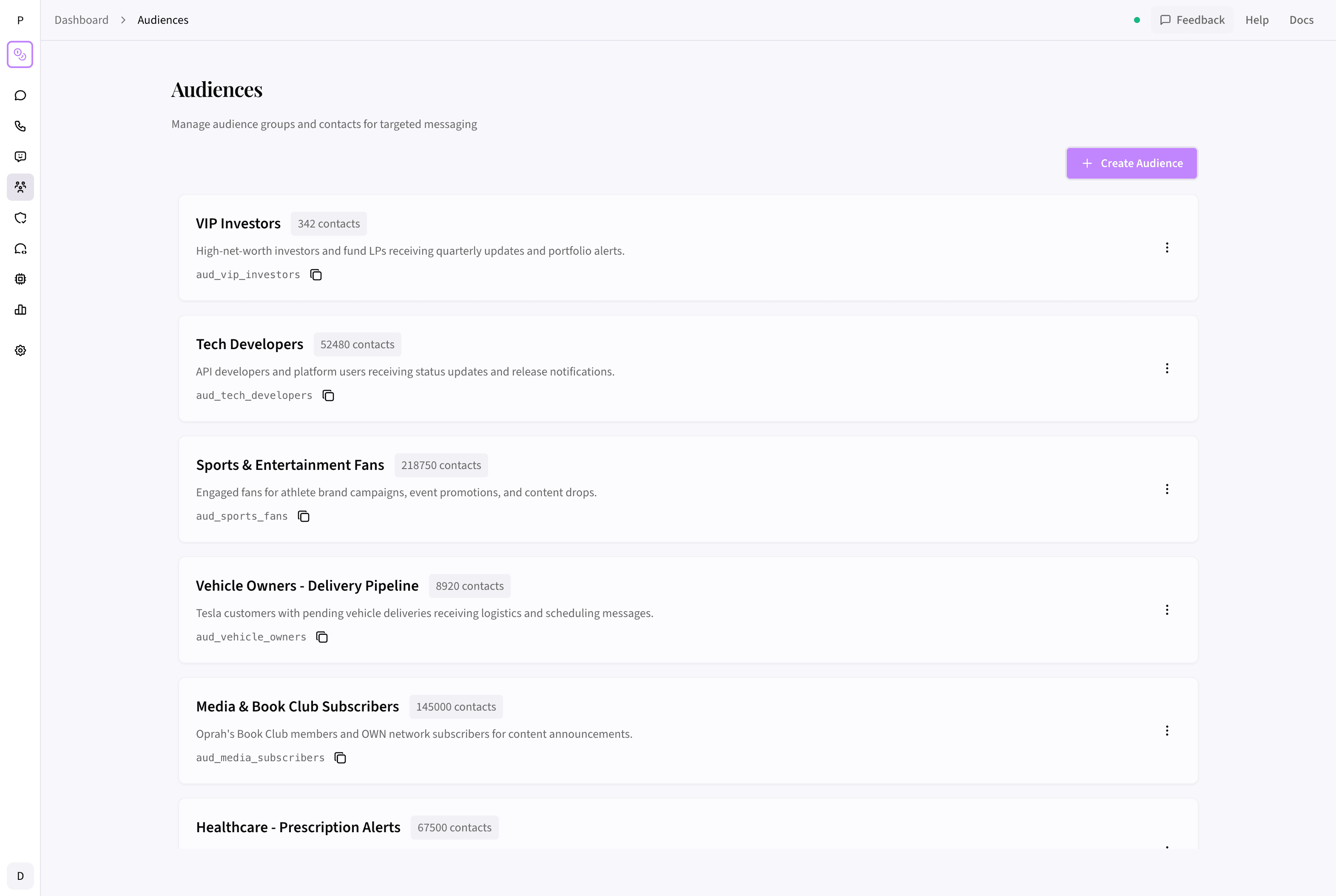 Create and manage contact lists from the dashboard — no CSV imports, no third-party tools.