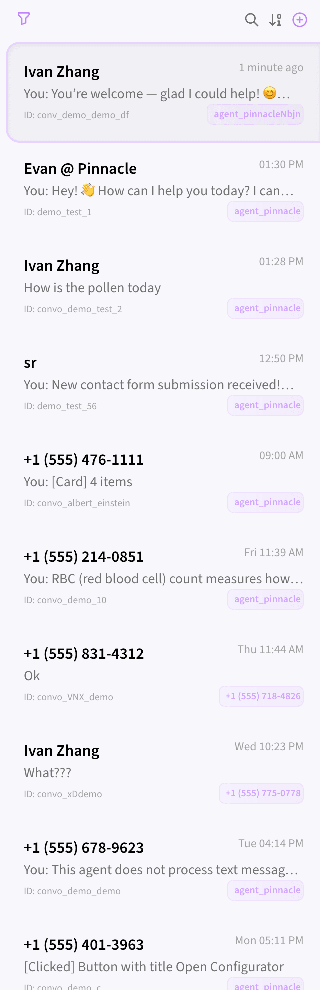 All your conversations in one searchable panel — filter by sender, receiver, or message content.