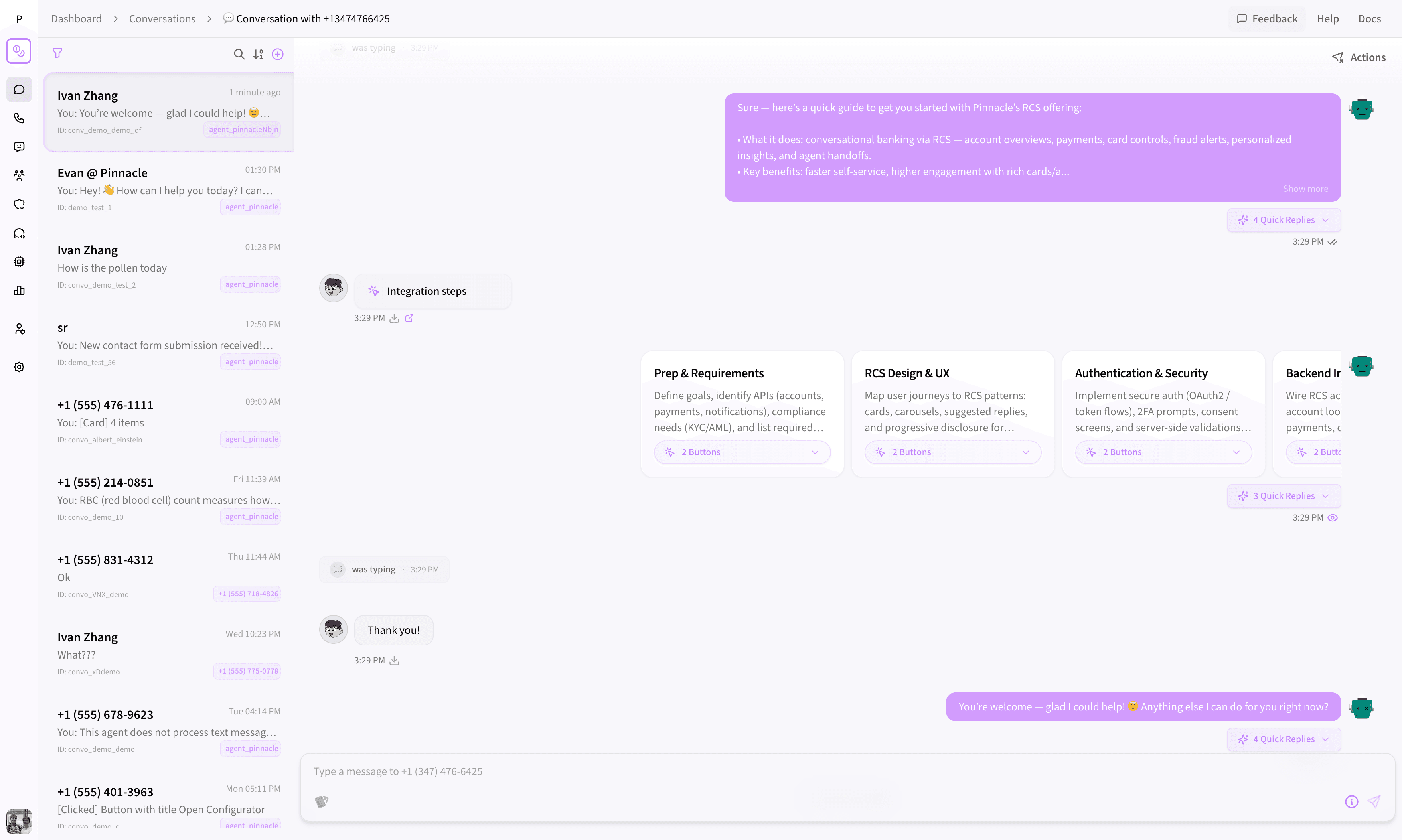 Pinnacle's conversations dashboard — a full messaging inbox with conversation threads, message composer, and contact management.