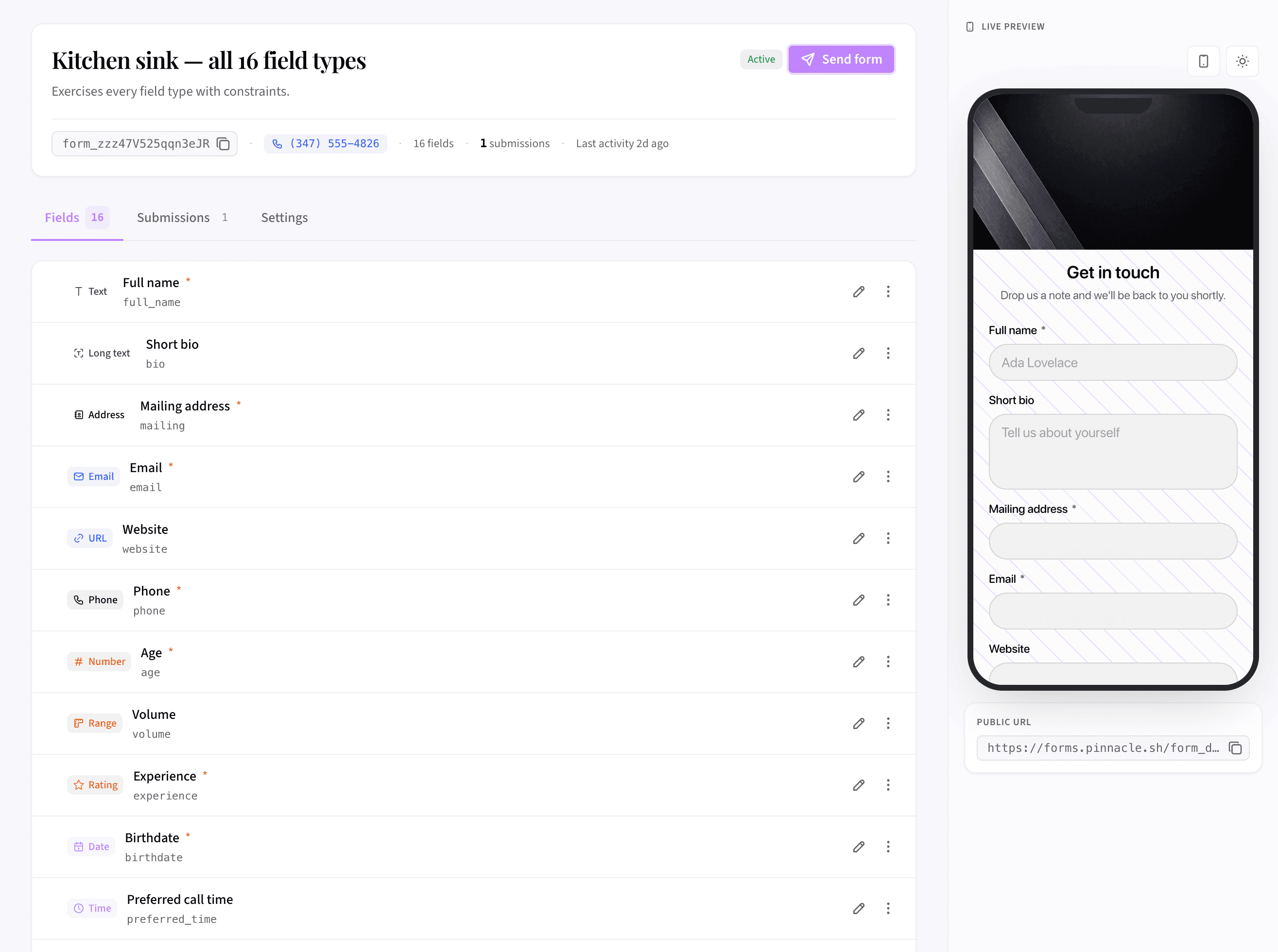 Build forms with all 16 field types in the dashboard, with a live mobile preview that updates as you edit.