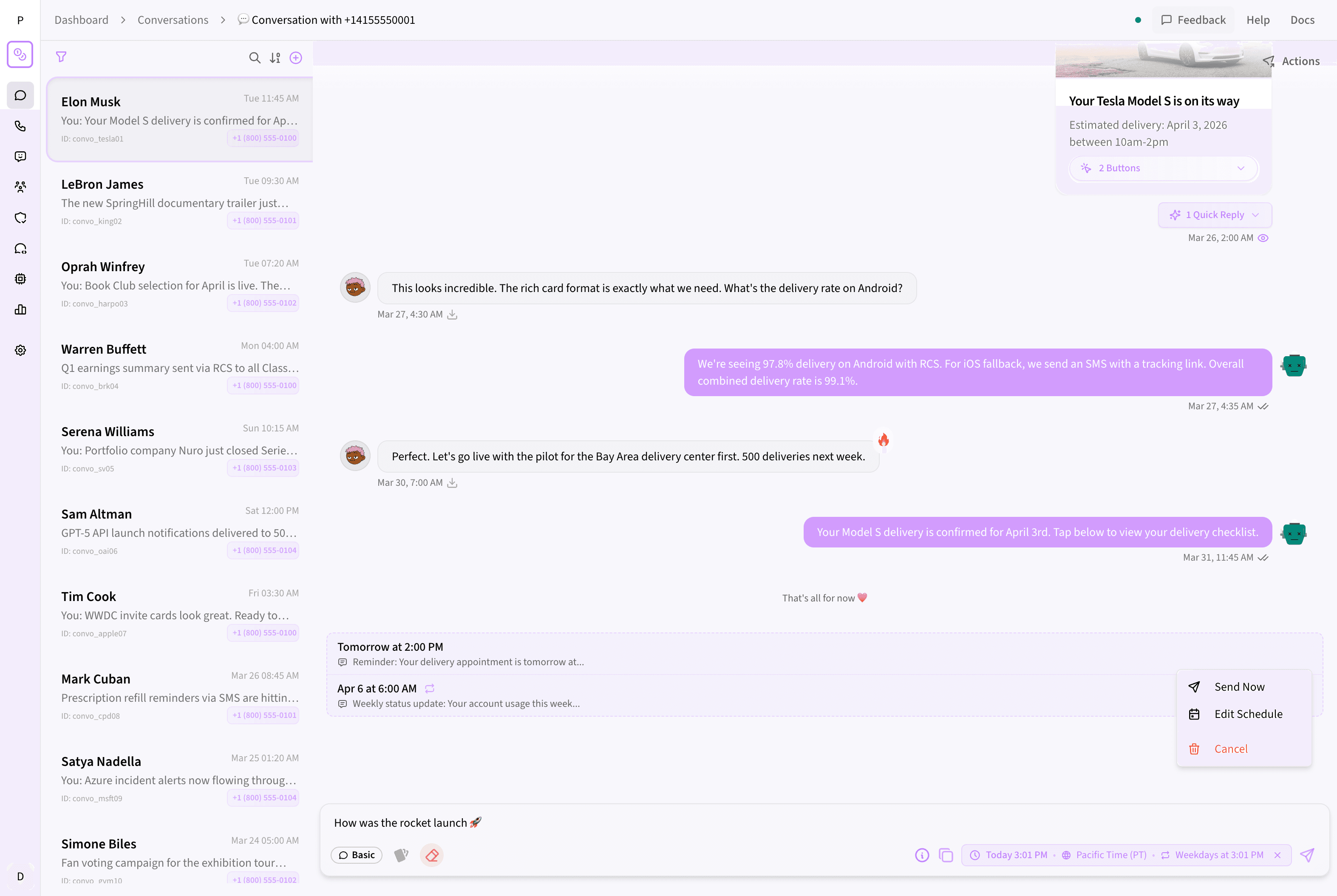 View and manage all scheduled messages from one place — cancel or reschedule before they fire.
