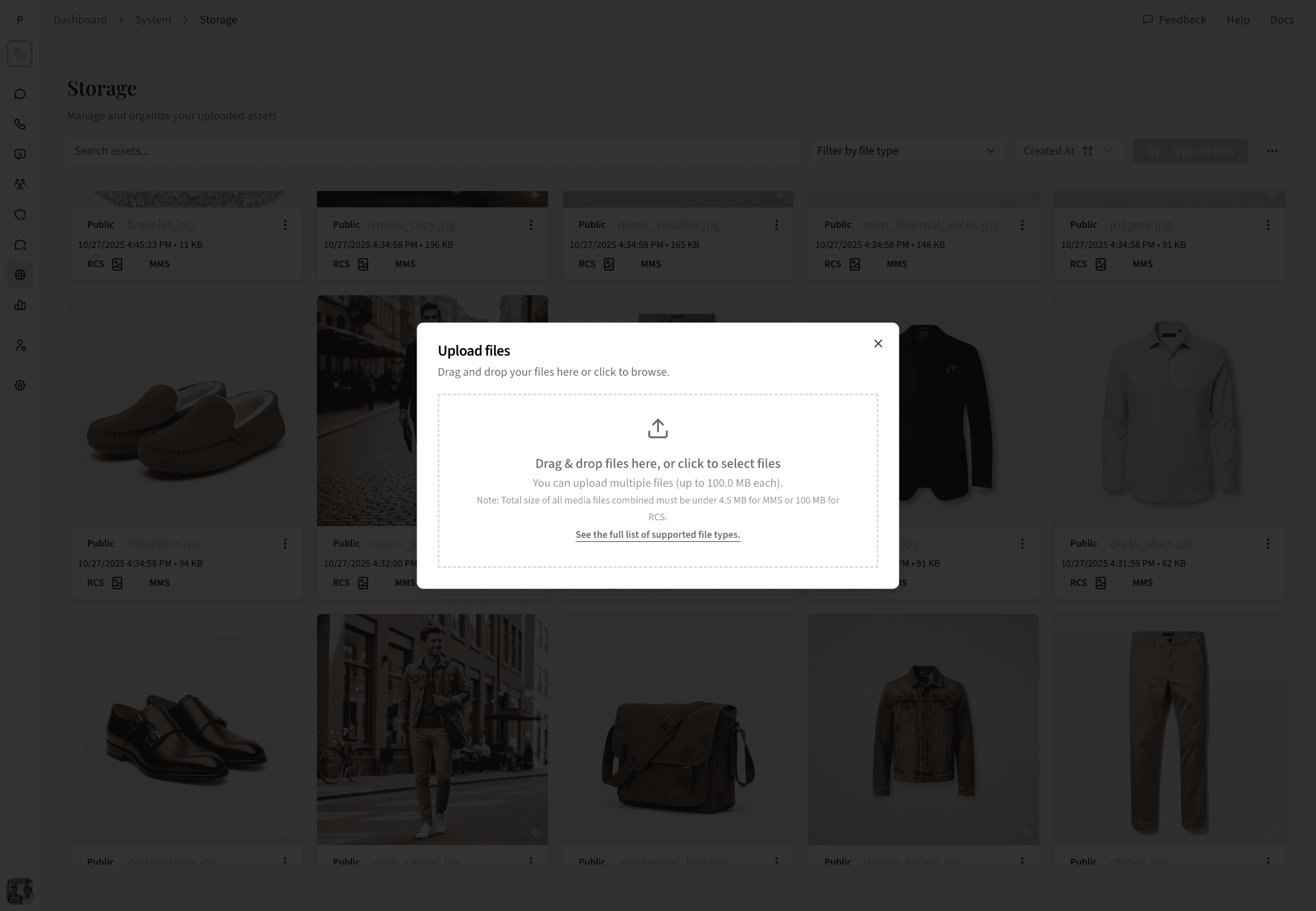 Drag and drop files directly onto the dashboard — upload multiple files at once with progress tracking.