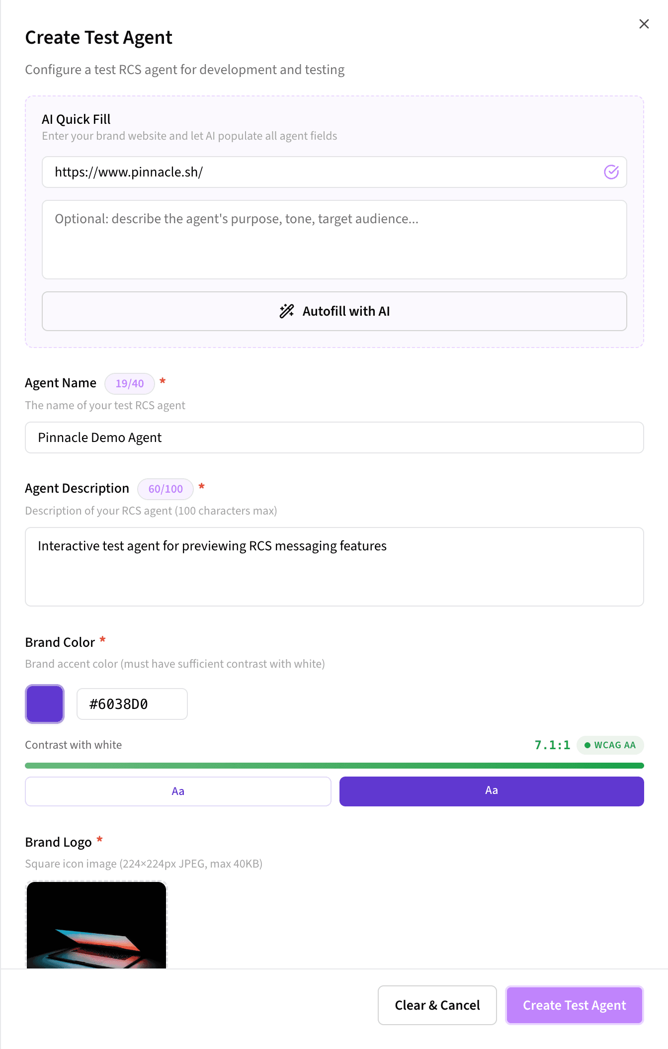 Create a test agent from the dashboard — fill in your branding and you're ready to go.