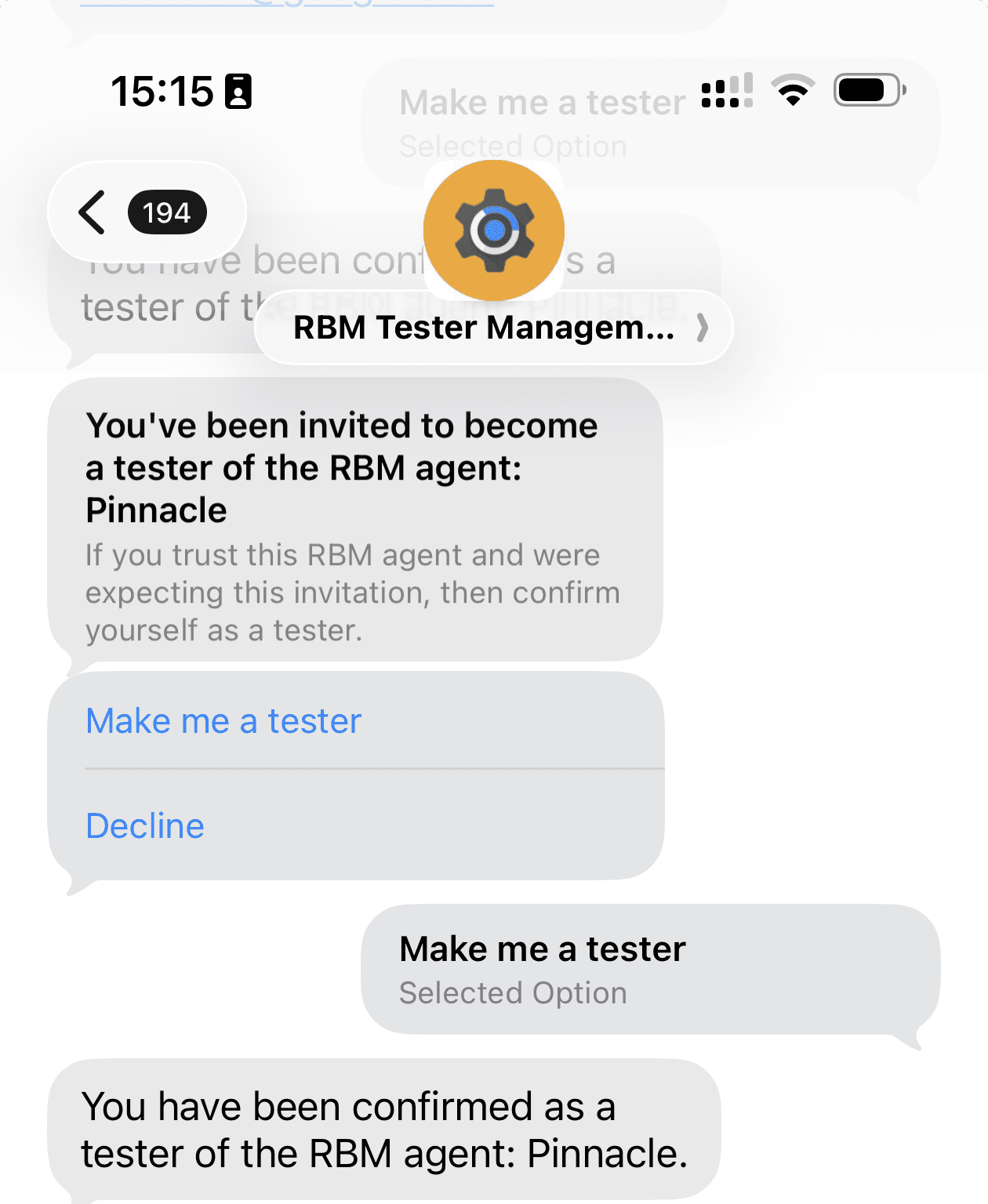 The tester invite from RBM Tester Management — tap "Make me a tester" to accept and start receiving RCS messages.