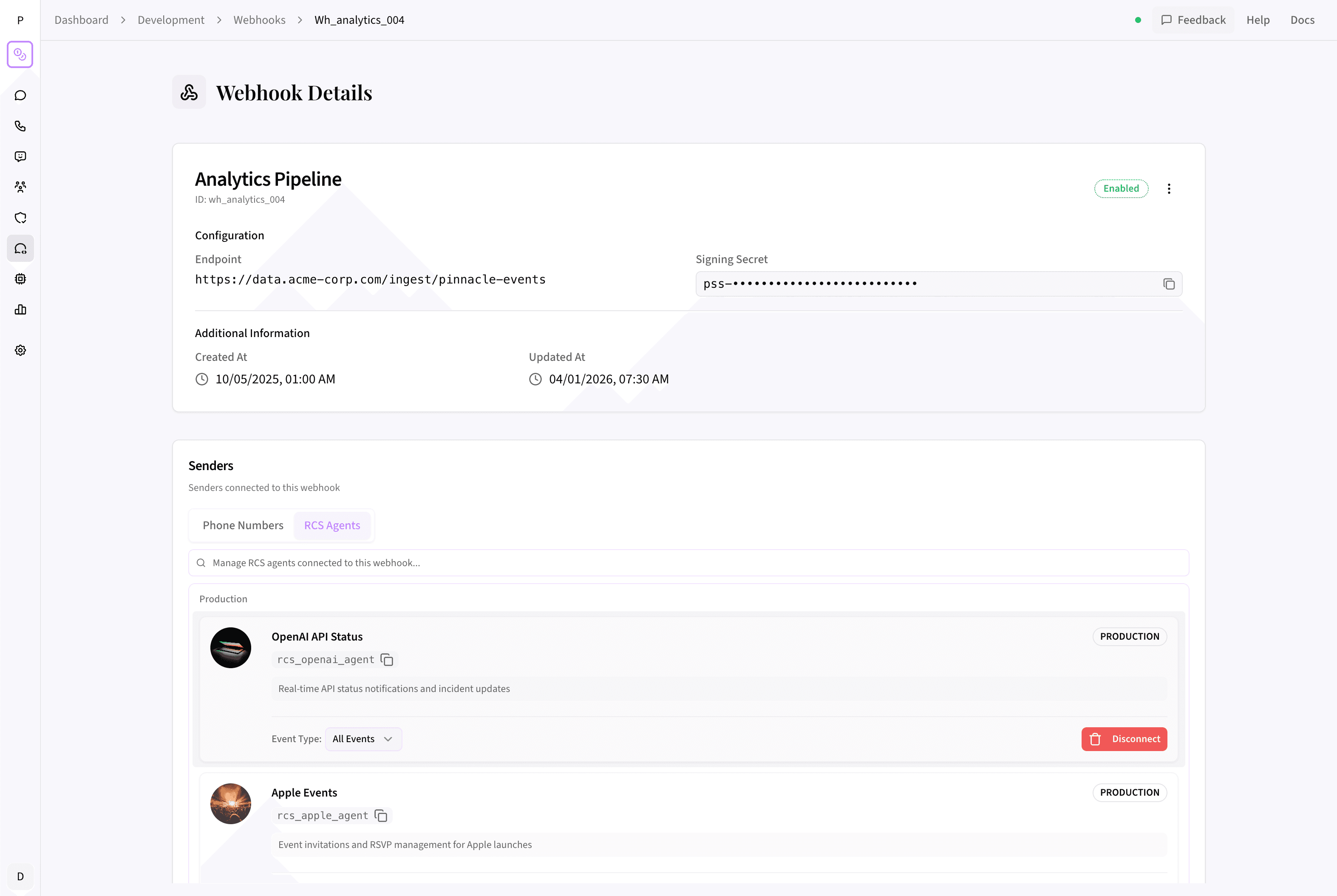 Debug webhook deliveries with per-event logs — see exactly what was sent to your endpoint and when.