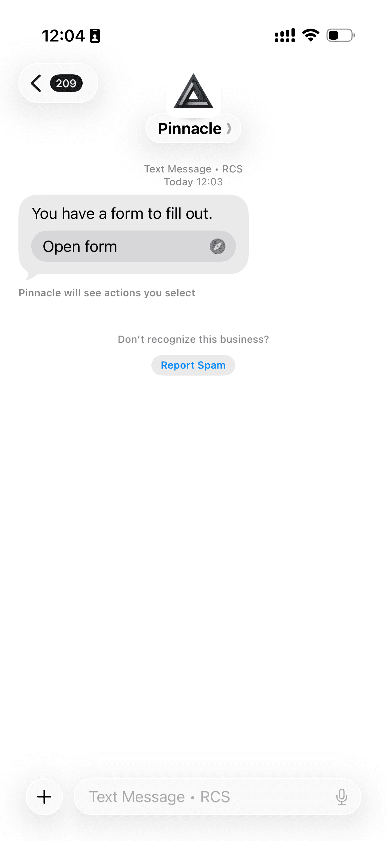 Send a themed form over SMS or RCS in one API call. The recipient taps the button, fills it out, and you receive a structured webhook event when they submit.